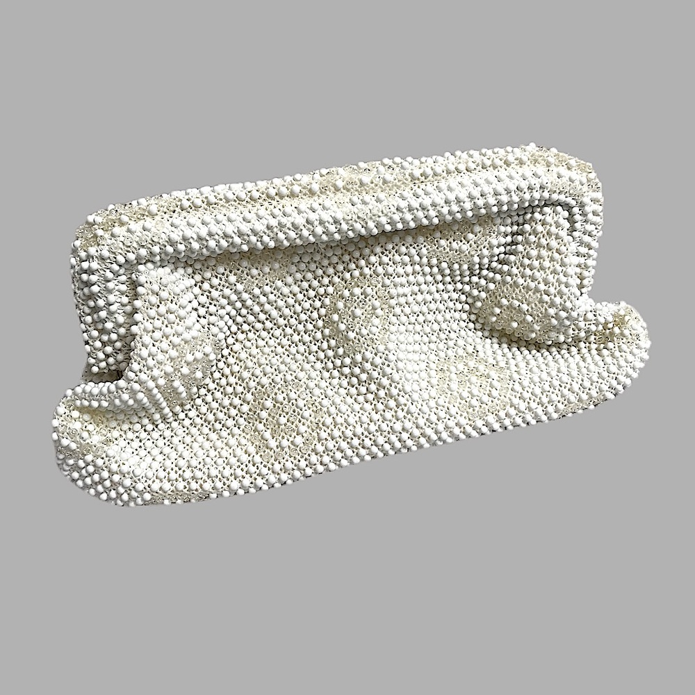 Vintage Corde Bead Handbag White Hinged Clutch Bag